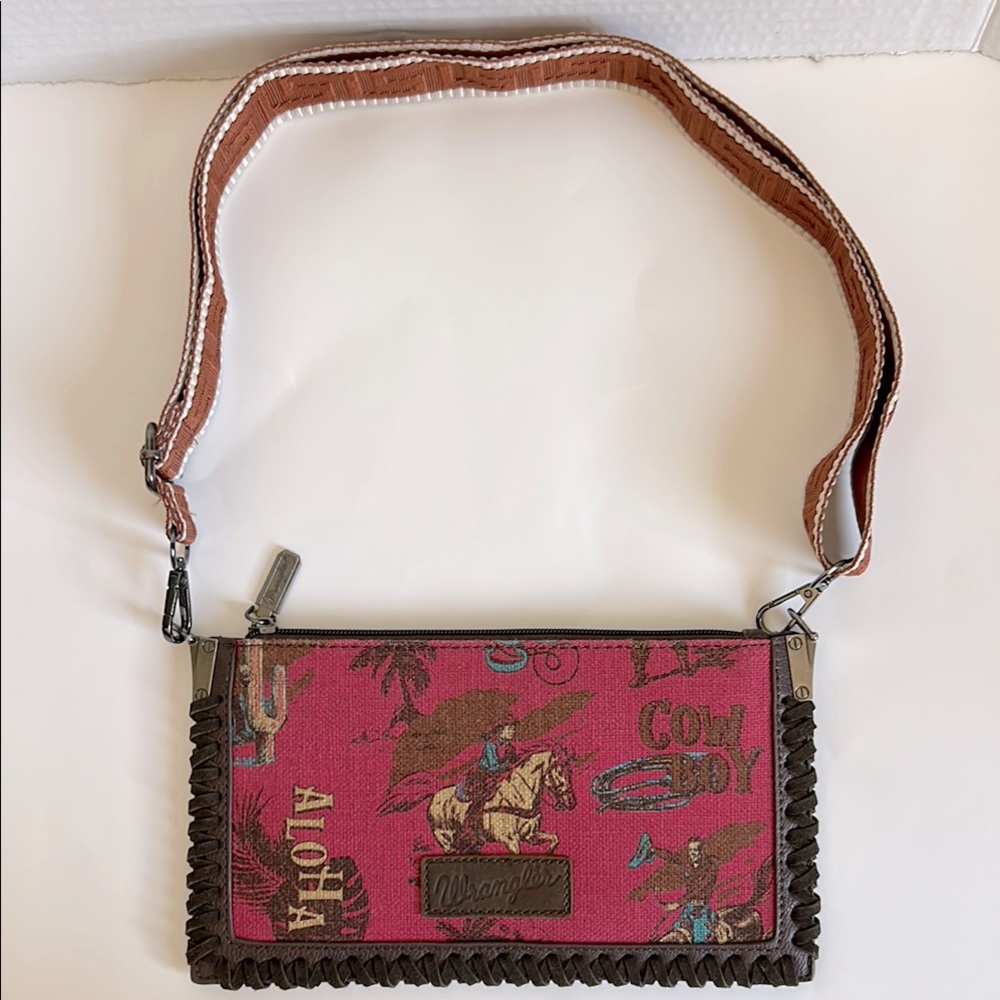 Wrangler Vintage Retro Cowboy Cool Print clutch/crossbody -hot pink NWOT